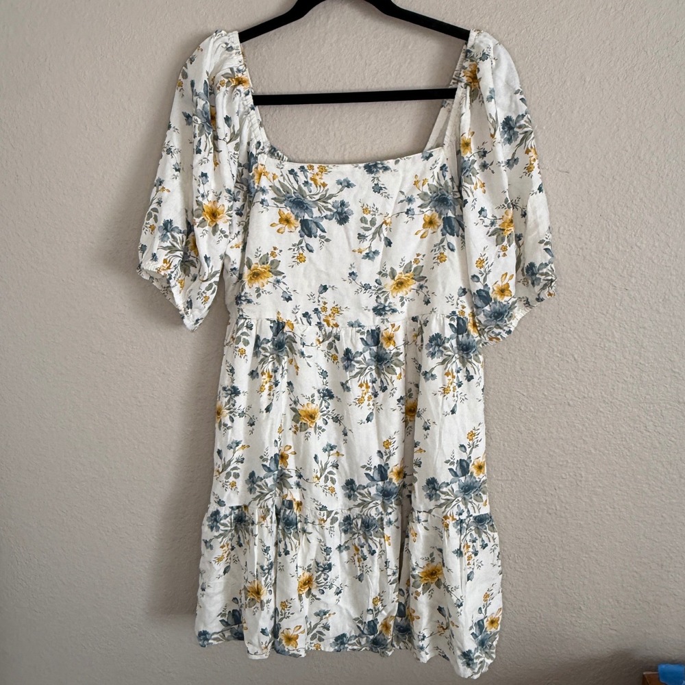 Womens Large Coquette Milkmaid Linen Blend Tiered Mini‎ Dress Cottage Feminine